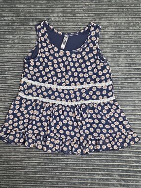 Beautees Navy Daisy Lace-Trim Peplum Tank Top - Girls